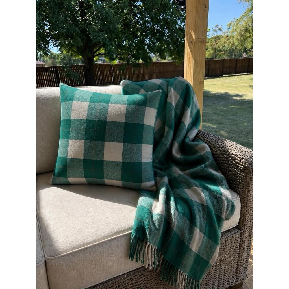 Joann's Throw Blanket Pillow Set OS Green Cream Buffalo Check Plaid 4" Fringe